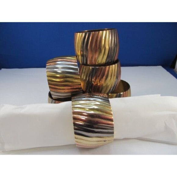 Vintage Brass Copper Silver Ribbed Napkin Ring Holders Set of 6 - Picture 6 of 13